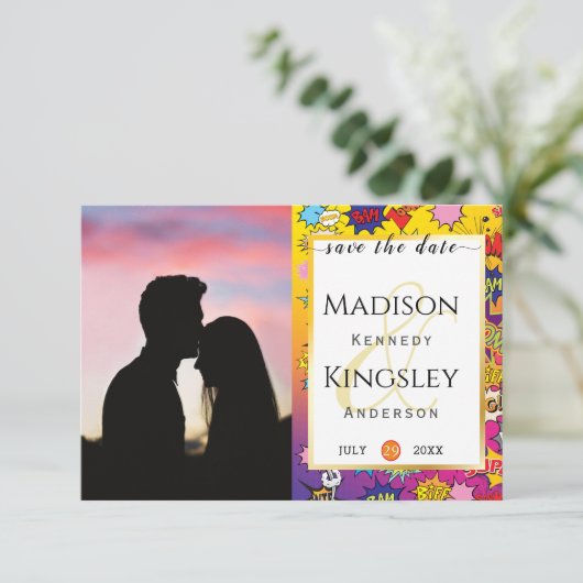 Comic Pop Art Speech Bubble Retro Save the Date (Stehend Vorderseite)