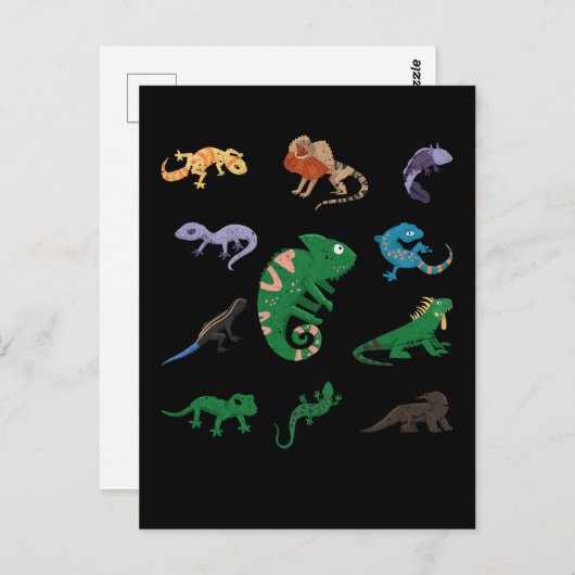 Comic Reptiles Collage Bartded Dragon Chameleon Postkarte (Vorne/Hinten)