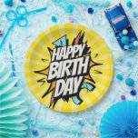 Comic Retro Happy Birthday! Pappteller<br><div class="desc">A dynamic,  comic-book-inspired "Happy Birthday" greeting. The design features bold,  slanted white typography with heavy black outlines,  bursting out from a central action star. The background utilizes a vibrant yellow sunburst (ben-day dots effect) with sharp,  geometric shards in teal and coral red to emphasize movement.</div>