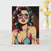 Comic Retro Pinup Giro mit Cocktail Geburtstag Karte (Gelbe Blume)