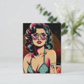Comic Retro Pinup Giro mit Cocktail Geburtstag Postkarte (Stehend Vorderseite)