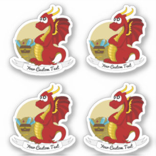 Comic roter Drache mit Schatz und Textaufkleber Aufkleber