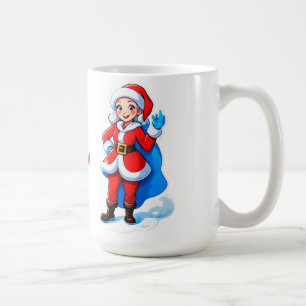 Comic-Santa-Mädchen im roten Mantel mit Umhang und Kaffeetasse