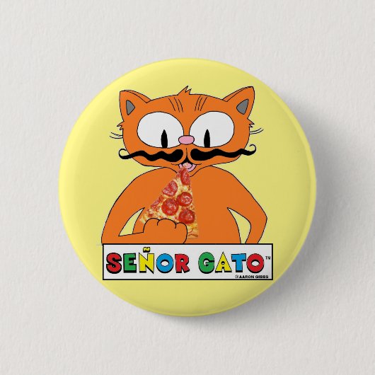 Comic-Schnurrbart-Katze beim Pizzaessen Button (Vorderseite)