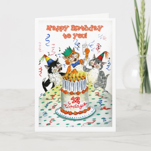 Comic Singing Cats Alter-spezifisch 12. Geburtstag Karte (Vorderseite)