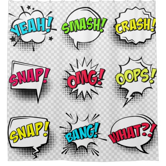 Comic-Sprechblasen mit Halbton-Schatten und Text Duschvorhang (Vorderseite)