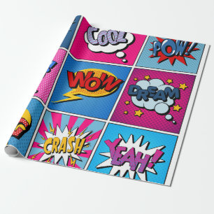 Comic-Sprechblasen-Set. Ausdrücke Bom, Cool, Pow, Geschenkpapier