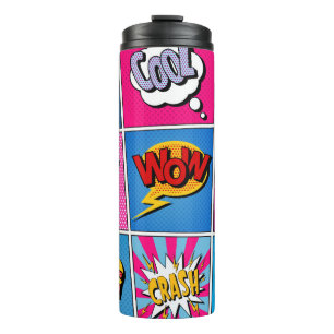 Comic-Sprechblasen-Set. Ausdrücke Bom, Cool, Pow, Thermosbecher