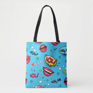 Comic-Sprechblasen und weibliche Lippen mit unters Tasche
