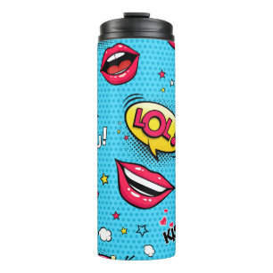 Comic-Sprechblasen und weibliche Lippen mit versch Thermosbecher