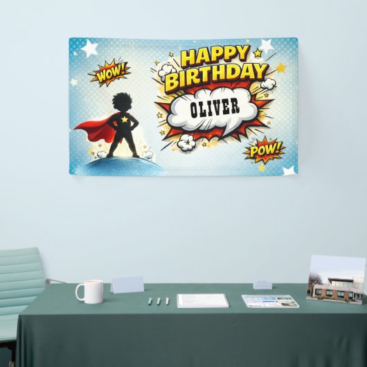 Comic-Stil-Superhelden-Jungen-Name Geburtstag Banner (Messeveranstaltung)