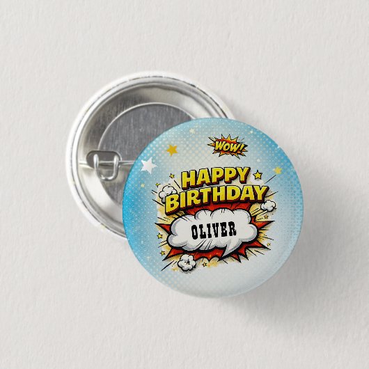 Comic-Stil-Superhelden-Jungen-Name Geburtstag Button (Vorne & Hinten)