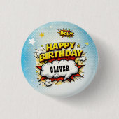 Comic-Stil-Superhelden-Jungen-Name Geburtstag Button (Vorderseite)
