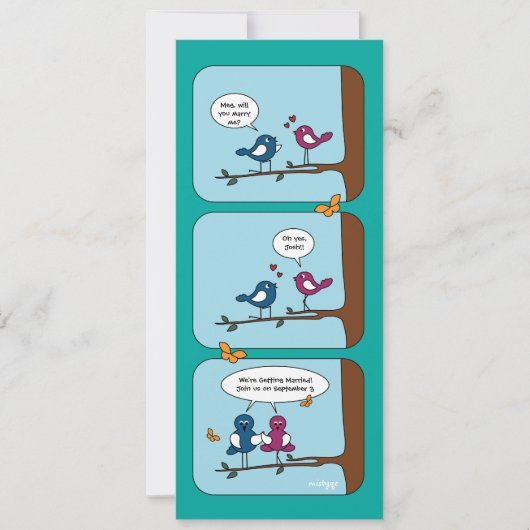 Comic Strip Love Birds Save the Date Hochzeitskart Einladung (Vorderseite)