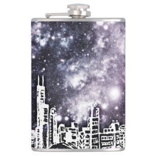 Comic Style Black & White City Skyline Galaxie Flachmann