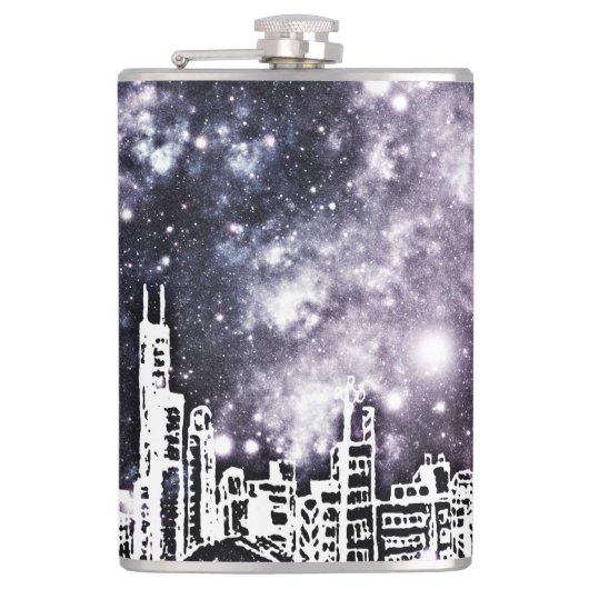 Comic Style Black & White City Skyline Galaxie Flachmann (Vorderseite)