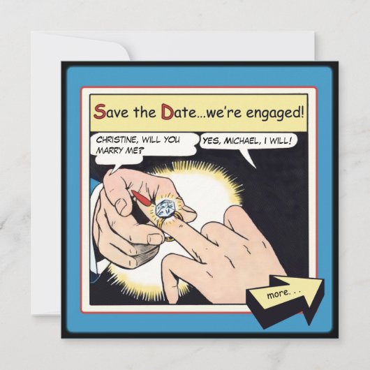 Comic Style Bling Ring Save the Date blau (Vorderseite)