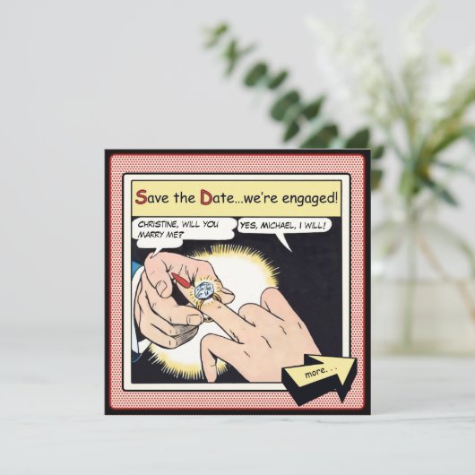 Comic Style Bling Ring Save the Date Rot (Stehend Vorderseite)