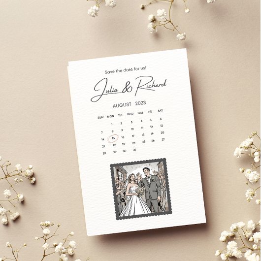 Comic Style Couple Zeichnend Save the Date Einladung