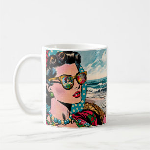 Comic-Style-Kunst   Frau beobachtet Hula-Tänzerin Kaffeetasse