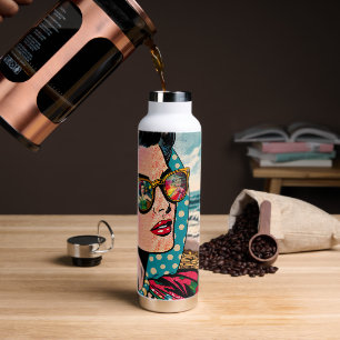 Comic-Style-Kunst   Frau beobachtet Hula-Tänzerin Trinkflasche