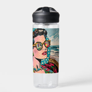 Comic-Style-Kunst   Frau beobachtet Hula-Tänzerin Trinkflasche
