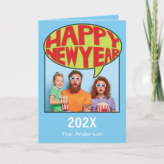 Comic Style Personalisiertes Foto Happy New Year C Dankeskarte (Vorderseite)