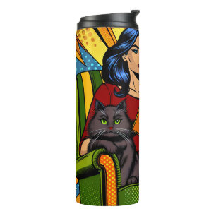 Comic Style Pop Art Frau liest und Katze Thermosbecher