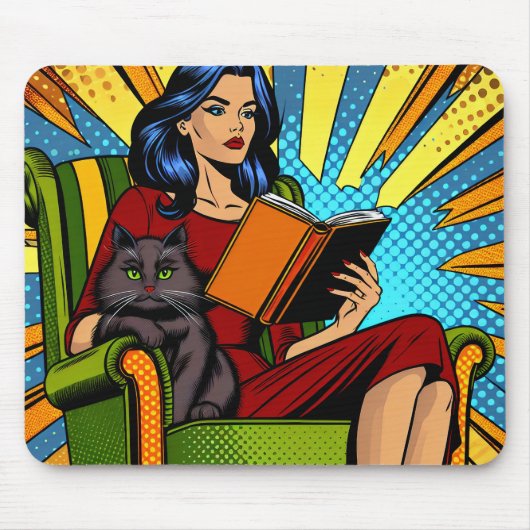 Comic Style Pop Art Reading und Katze Mousepad (Vorne)