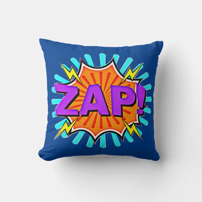 Comic Style Pop Art Retro Blue Orange Lila ZAP Kissen (Vorderseite)