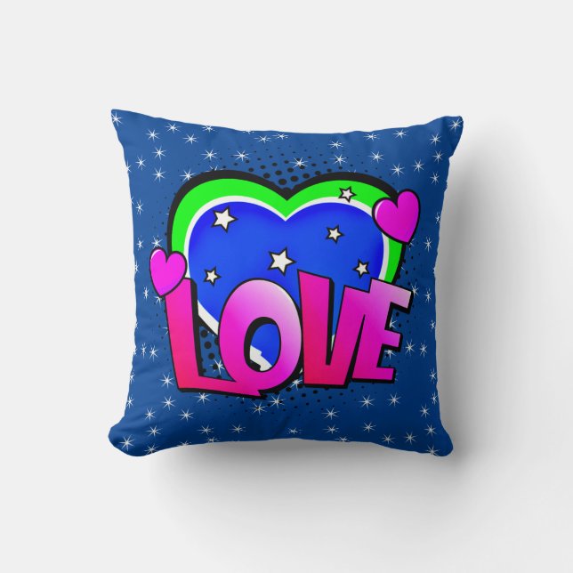 Comic Style Pop Art Retro Blue Pink Green LIEBE Kissen (Vorderseite)