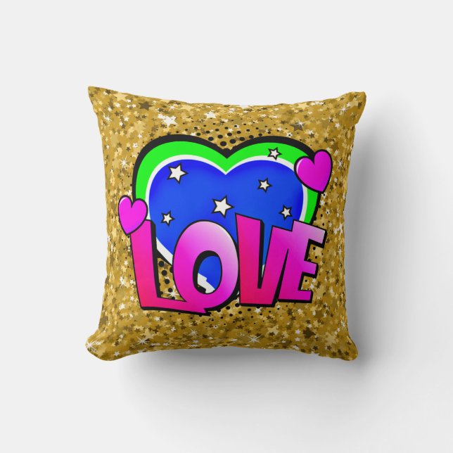 Comic Style Pop Art Retro Blue Pink Green LIEBE Kissen (Vorderseite)