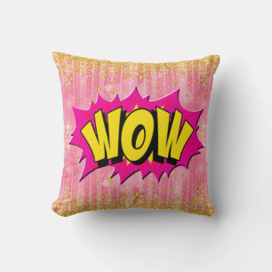 Comic Style Pop Art Retro Gelb Rosa Gold WOW Kissen
