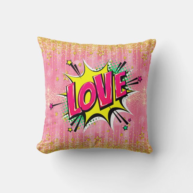 Comic Style Pop Art Retro Gelb Rosa LIEBE Kissen (Vorderseite)