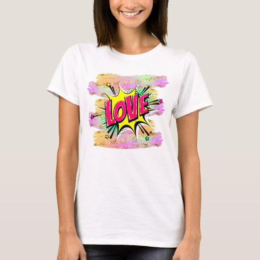 Comic Style Pop Art Retro Gelbe Rosa LIEBE T-Shirt (Vorderseite)