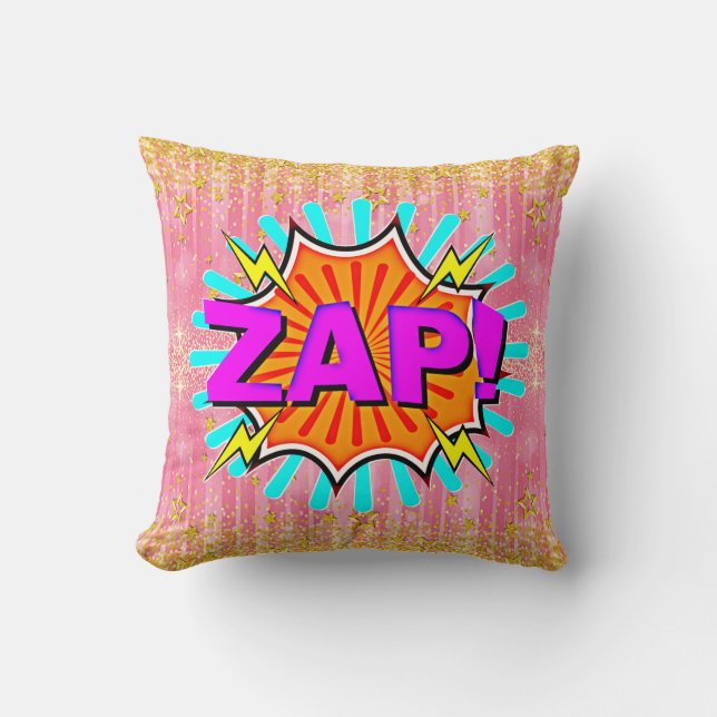 Comic Style Pop Art Retro Orange Lila Aqua ZAP Kissen (Vorderseite)