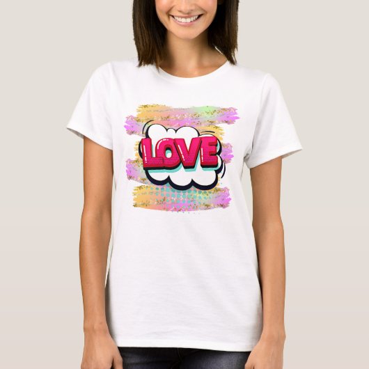 Comic Style Pop Art Retro Rosa LIEBE Glitzer Pinse T-Shirt (Vorderseite)