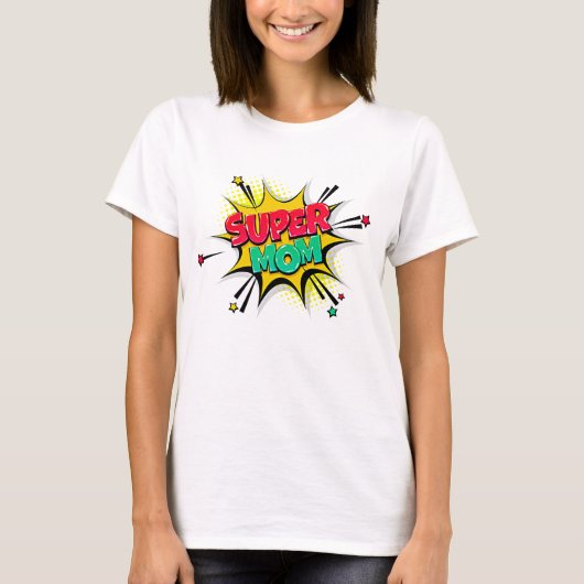 Comic Style Pop Art Retro Rotes Gelbes SUPERMOM T-Shirt (Vorderseite)