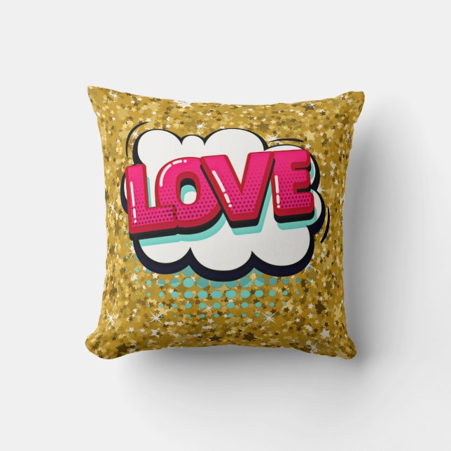 Comic Style Pop Art Retro Stars Rosa Liebe Text Th Kissen (Vorderseite)