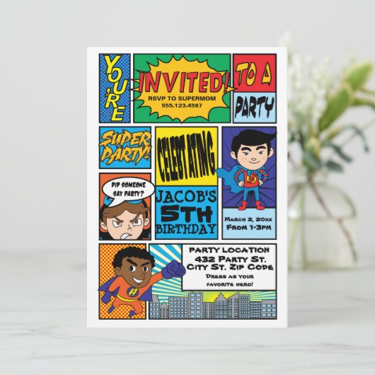 Comic Style Superheld Einladung (Stehend Vorderseite)