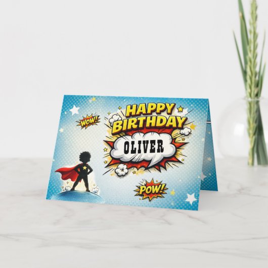 Comic-Style-Superhelden-Jungen-Name Geburtstag Karte (Vorderseite)