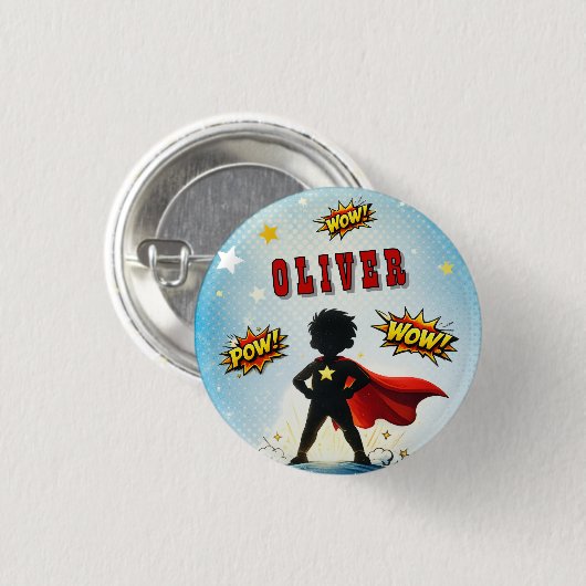 Comic Style Superhero Boy's Name Birthday Party Button (Vorne & Hinten)