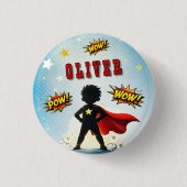 Comic Style Superhero Boy's Name Birthday Party Button (Vorderseite)