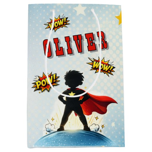 Comic Style Superhero Boy's Name Birthday Party Mittlere Geschenktüte (Vorderseite)