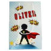 Comic Style Superhero Boy's Name Birthday Party Mittlere Geschenktüte (Rückseite)