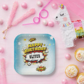 Comic Style Superhero Boy's Name Birthday Party Pappteller (Party)