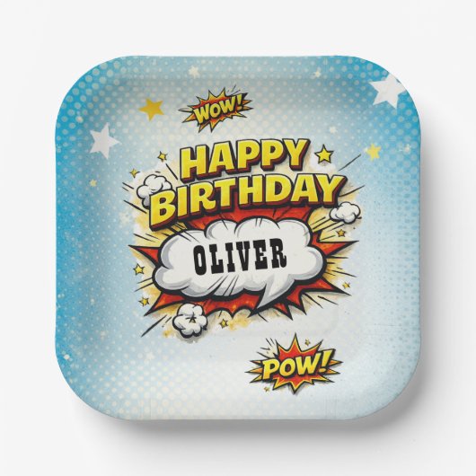 Comic Style Superhero Boy's Name Birthday Party Pappteller (Vorderseite)
