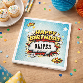 Comic Style Superhero Boy's Name Birthday Party  Serviette