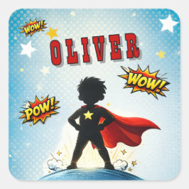 Comic Style Superhero Boy's Name Birthday Quadratischer Aufkleber