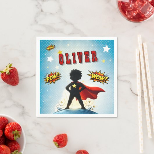 Comic Style Superhero Boy's Name Birthday Serviette (Beispiel)